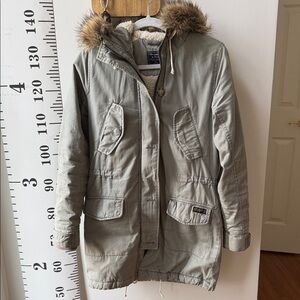 Abercrombie light gray Parka with Faux Fur Hood